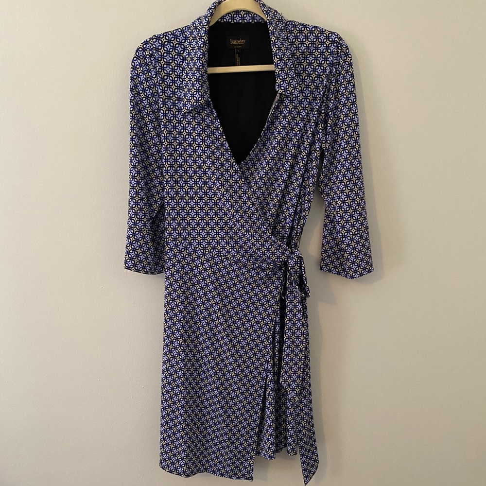Laundry by Shelli Segal Blue Black Wrap Dress L